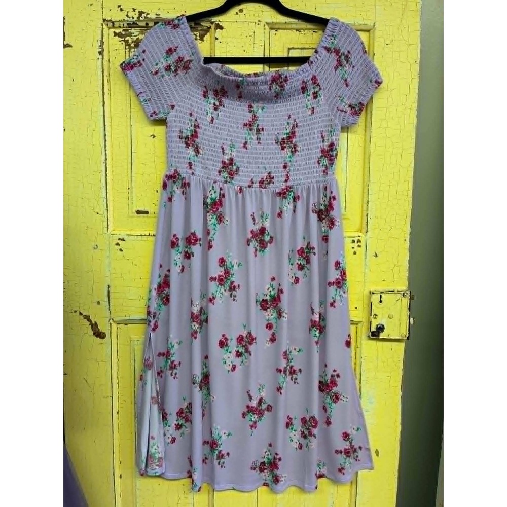 Large NEW ANDTHEWHY Floral Smocked Off Shoulder Midi Dress Lavender Rose